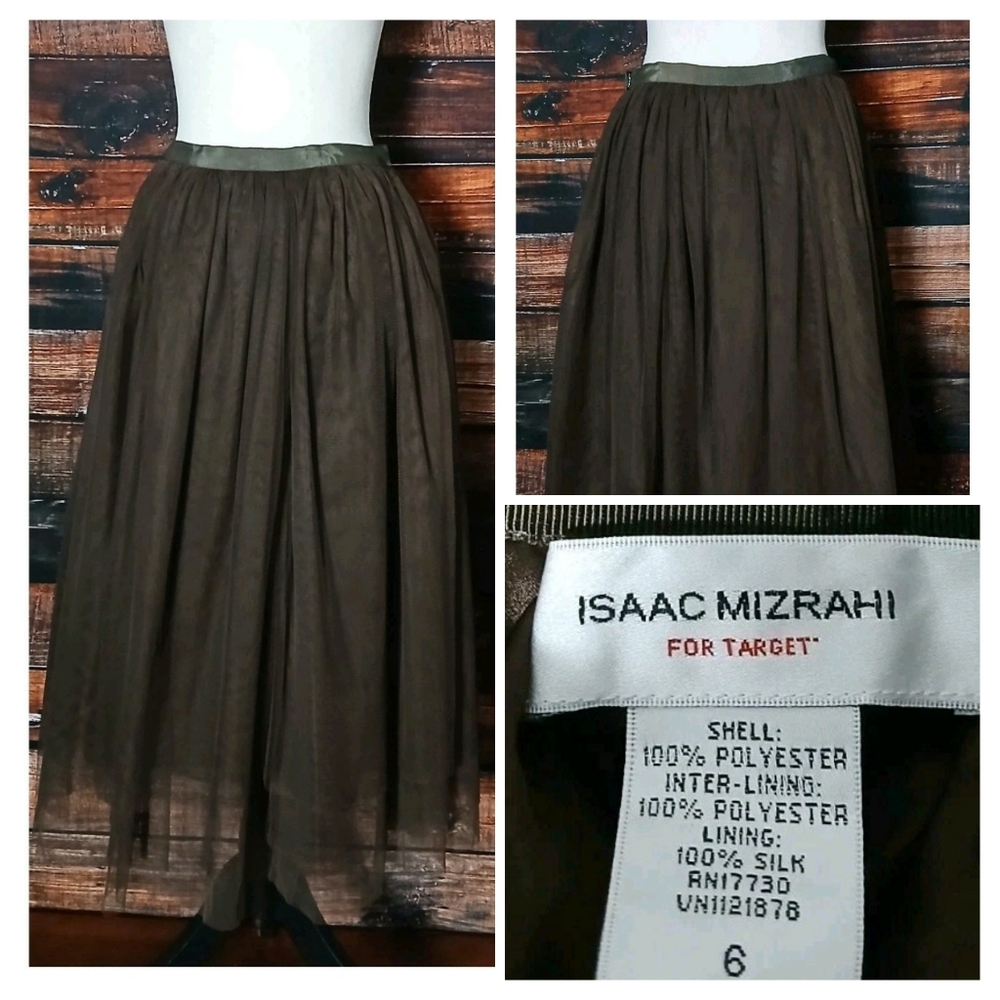 Isaac Mizrahi Midi Skirt 6 Silk Lined Brown Triple Layered Tulle Side Zip